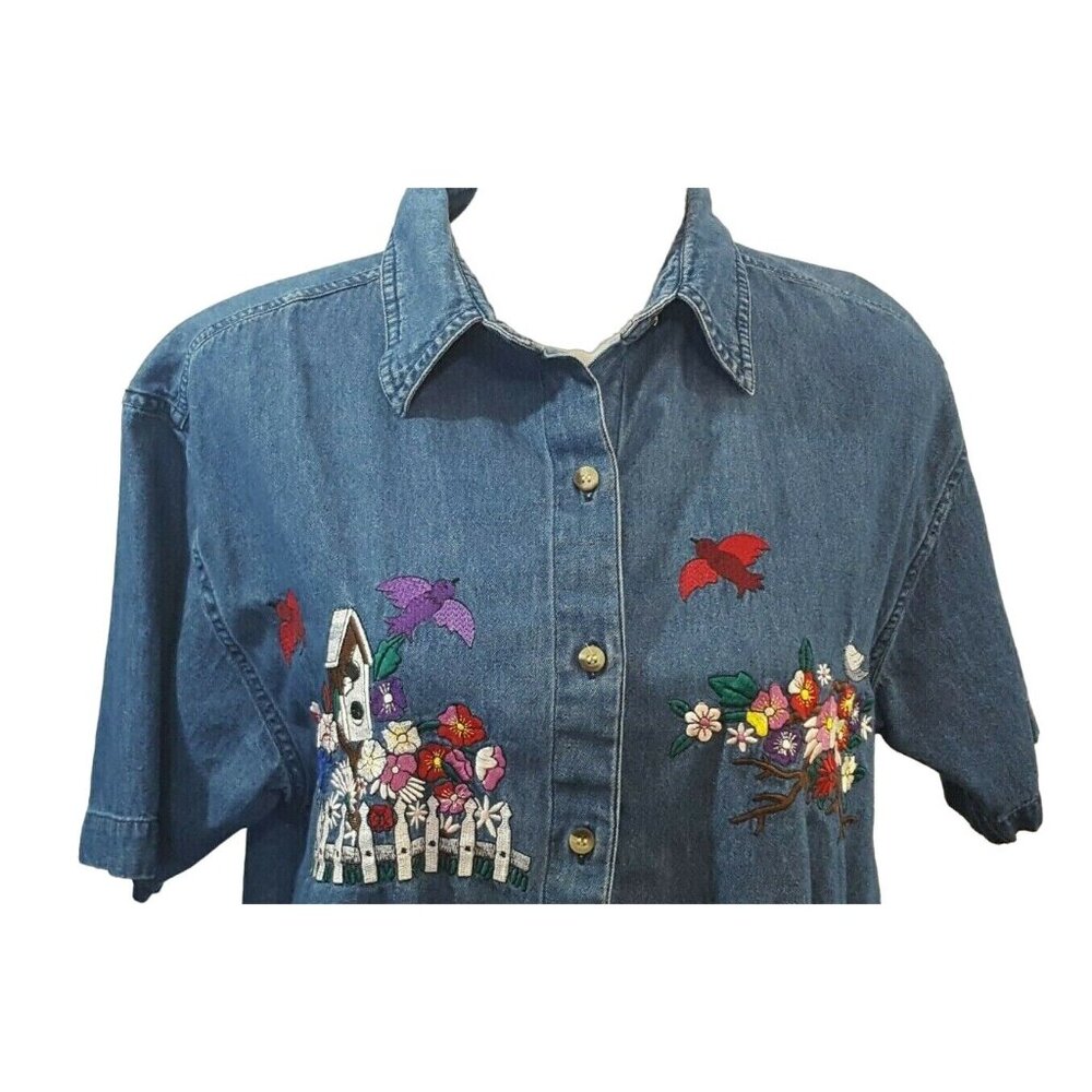 Vintage‎ Effeci Womens Denim Blouse S Button Up Short Sleeve Embroidered Birds